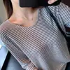 Camiseta a rayas de manga larga, hombros descubiertos, corte holgado y favorecedor, estilo coreano, para mujer, novedad de principios de otoño T0817L