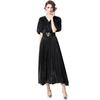 Moda Europeia e Americana 2024 Vestido Slim Slim de Comprimento Médio Plissado com Mangas Bufantes de Amarrar Estilo Coreano Saia Longa