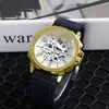 Reloj de Pulsera para Hombre Dorado Esfera Grande Mecánico Esqueleto Tendencia de Moda Correa de Cuero Cuarzo Gama Alta Negocios Venta al por Mayor