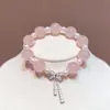 Pulsera Femenina con Lazo para Mujer, Estilo de Nicho de Lujo Ligero, Cuentas de la Fortuna Flor de Durazno, Pulsera de Imitación de Cristal Rosa, Regalo para Mejor Amiga