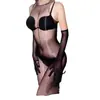 Medias de Cuerpo Completo Aurora Qinghe Ultra Finas Transparentes con Lunares y Correas, Entrepierna Abierta Grande, Seda Negra, Set de Regalo de Lujo en Caja