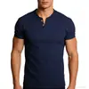 2026 Comercio Exterior Transfronterizo Camiseta de Manga Corta para Hombre con Cuello en V de Algodón y Lino Camiseta de Lino para Hombre Delgada Ajustada de Color Sólido con Dos Botones