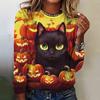 Camiseta de manga larga de Halloween para mujer, otoño e invierno, linda camiseta con estampado 3D de gato, diseño original, jersey para vacaciones