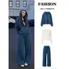 Conjunto de jaqueta moletom com capuz esportivo casual azul e calça para mulheres, novo conjunto estilo coreano outono 2026