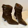Cuero suave, nueva colección de otoño, botines de moda con hebilla y punta cuadrada, elegantes y con estilo, efecto adelgazante, altura hasta la pantorrilla, botines