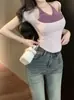 Verão 2024 Novo Desejo Puro Menina Doce Picante Cor Contrastante Gola Suspensa Tricô Manga Curta Falso Duas Peças Camiseta de Tricô Top para Mulheres