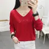 Camisa Delgada Calada 2023 Primavera y Otoño Nueva Coreana Holgada Cuello en V Suéter Pulóver para Mujer Color Sólido Camisa Base de Punto