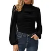 Camiseta de punto para mujer, color liso, manga larga de farol, cuello alto, plisada, ajuste ceñido, Otoño e Invierno 2021, Transfronteriza Europea y Americana, Nueva en Amazon