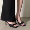 Pantuflas de Verano para Mujer Ropa de Exterior Moda Adorno de Lazo Negro de Satén Sandalias de Tacón Alto de Una Tira Boca de Pez Punta Abierta para Mujer