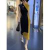 23399 Da Ai Mei Yuan 2025 Verano Nuevo Vestido de Moda Estilo Coreano Color Block Corte Slim Cuello en V