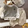 Moletom de primavera estilo coreano listrado conjunto de algodão puro listrado moda masculina outono primavera calça de trabalho masculina conjunto de três peças