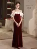 Vestido Francés Sexy Negro de Terciopelo con un Hombro para Mujer Fiesta de Cumpleaños Vestido de Noche Delgado Ceñido a la Cadera Cola de Pez Falda Larga