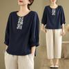 Camiseta de algodón y lino con bordado étnico para mujer, estilo vintage artístico, informal, holgada, de verano, disponible en stock.