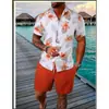 Conjunto de Camisa de Manga Curta com Estampa Digital 3D e Shorts Masculino Estilo Europeu Verão Havaiano Casual Lapela Terno de Camisa Masculino