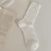 Meias finas de algodão para primavera-verão, estilo balé com babados, na altura da panturrilha, para mulheres, meias de algodão puro, meias ins anti-bolinhas em cores doces