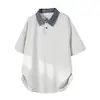 Camiseta pesada de manga curta estilo rua americana para homens, look de duas peças para o verão, camiseta polo de marca moderna com gola alta e estampa xadrez