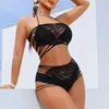 Conjunto sexy de dos piezas de lencería transfronteriza, top de tubo halter con tirantes calados, talla grande, body ajustado sexy con malla calada