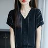 Verano Nuevo Delgado Cuello en V Lyocell Tejido Manga Corta para Mujer Rayas Suelto Adelgazante Look Transpirable Versátil Camiseta Top