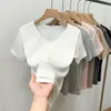 Nova camiseta de verão feminina estilo europeu e americano, justa, fina, canelada, de manga curta, top casual solto versátil