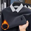 Moletom Masculino de Alta Qualidade com Lã e Fleece Adicionados, Espessado, com Gola de Camisa, Design Falso de Duas Peças, Camada Base de Tricô Quente para o Inverno