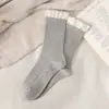 Calcetines de Media Pantorrilla para Mujer para Otoño e Invierno, Calcetines con Volantes de Encaje de Doble Aguja, Bloques de Color, Estilo Estudiante de Invierno, Borde Fruncido, Calcetines Largos Estilo Japonés