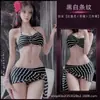 Top de tubo coreano de gasa a rayas traje de baño de dos piezas conjunto de bikini de tres piezas negro y rojo para aguas termales para mujer