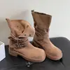 Botas Western de Couro Macio Fosco Verão Novo Bico Redondo Couro Sintético Retro Altura Média da Panturrilha Aumento de Altura Versátil Moda Uso Duplo Botas Curtas Femininas