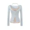 8750-26 Outono Estilo Desejo Puro Renda Sexy Patchwork Falso Duas Peças Torcido Manga Longa Camiseta Cintura Marcada Cropped