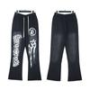 Serie H-Start Pantalones Casuales de Pierna Ancha Sueltos con Estampado de Retrato Vintage Lavado Retro Europeo y Americano con Cordón