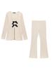 Top de Manga Larga con Cuello Redondo y Textura de Moño Estilo Europeo y Americano Primavera 2025 para Mujer + Pantalones Acampanados de Línea A