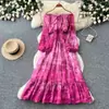 Vestido Floral de Lujo Ligero Estilo Francés con Cinturón para Mujer, Vestido de Hombros Descubiertos con Mangas Largas, con un Ambiente de Alta Gama y Elegante