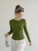 Camiseta Feminina Forever estilo Coreano, gola redonda, manga longa, costura verde contrastante, design outono slim fit