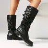 Botas de cuero talla extra grande europeas y americanas, punta redonda, suela gruesa, plataforma impermeable, tacón cuadrado, zapatos de mujer transfronterizos, talla 46, botas de montar de caña alta para otoño e invierno