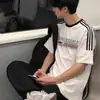 Camiseta de Manga Corta Pesada de Marca Europea y Americana de Moda para Hombre, Top Holgado de Manga Larga de Cinco Cuartos Estilo Deportivo Americano de Verano para Pareja