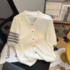 Hongmi Moda/Estilo Minimalista~Nova Chegada de Alta Qualidade Blusa de Tricô Elegante com Gola Polo de Manga Curta e Listras Coloridas