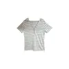 Camiseta de Manga Corta con Capucha de Bloques de Color Rayas Estilo Coreano Relajado Yuyi para Mujer, Top de Verano con Cuello Semiabierto M70035