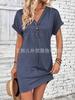 Vestido de Moda de Verano Transfronterizo Europeo y Americano para Mujer 2026, Versátil, con Hebilla, Cuello en V, Manga Raglán, Color Sólido