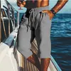 2025 Nuevos Pantalones Capri para Hombre Lino Verano Shorts de Playa Bolsillo Cordón Cintura Elástica Color Sólido Cuadros Transpirable