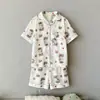 Pijama de algodão nuvem de manga curta, novo para o verão, direto da fábrica, estampado de desenho animado, roupa de casa, pode ser usado fora, conjunto fofo com gola pequena