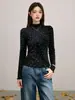 Top de Punto Suave Estilo Coreano con Lunares y Cuello Medio Alto para Mujer Primavera Otoño Volante Delgado Manga Larga Camiseta Base para Superponer