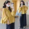 Roupas de Gravidez 2026 Primavera Nova Camisa de Manga Lanterna Corte Solto Cobrindo a Barriga + Calça Wide Leg de Bolinhas Conjunto Maternidade