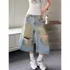 Shorts de Mezclilla Lavados y Desgastados Estilo Retro Americano con Agujeros para Hombres y Mujeres, Pantalones Cortos Anchos Sueltos de Moda de Marca para Verano