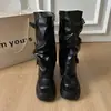 Botas de Moda con Hebilla Plisadas Apiladas Tacón Grueso Pierna de Pantalón Botas para Mujer 2026 Estilo Nuevo Desmontables de Doble Uso Botas Altas