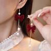 Brincos de Laço Vermelho com Pérolas de Imitação para Mulheres Outono e Inverno, Brincos de Alta Qualidade, Novos Brincos Vermelhos Estilo Chinês 2023