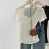 Estilo Garota Popular Design Levemente Transparente Gola V Manga Curta Botão Up Slim Fit Camiseta Feminina Verão Manga Curta Versátil Top Puro Desejo