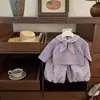 [Tian Xiaosi] Torta de Taro! Design original, conjunto super fofo para meninas com moletom de gravatinha e calça pantalona de bolinhas roxas