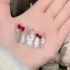 Armadura de Terciopelo Blanca con Lazo Blanco, Hecha a Mano Parcialmente, Uñas Artísticas Suaves y Lindas Ojo de Gato Kitty, Arte de Uñas para Año Nuevo