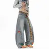 Jeans de Cinturón a Cuadros para Hombre, Pantalones Rectos Sueltos de Pierna Ancha Estilo Americano High Street, Modernos Versátiles con Diseño de Bordado de Toalla