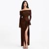 Moda de Exportação Europeia e Americana Elegante Sexy Elegante Vestido Longo Lv Feminino Monocromático de Um Ombro Plissado com Fenda