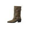Botas de gamuza de vaca de dos capas hasta la mitad de la pantorrilla para mujer, botas de montar, nuevas para otoño e invierno, puntera cuadrada, tacón alto grueso, de meter, hebilla de cinturón, botas casuales para mujer